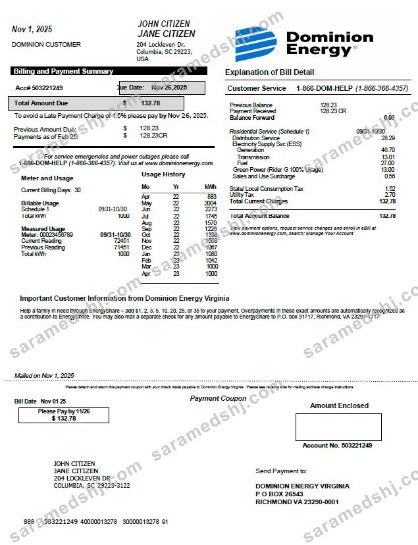 USA Dominion Energy utility bill template in Word and PDF formats, version 2